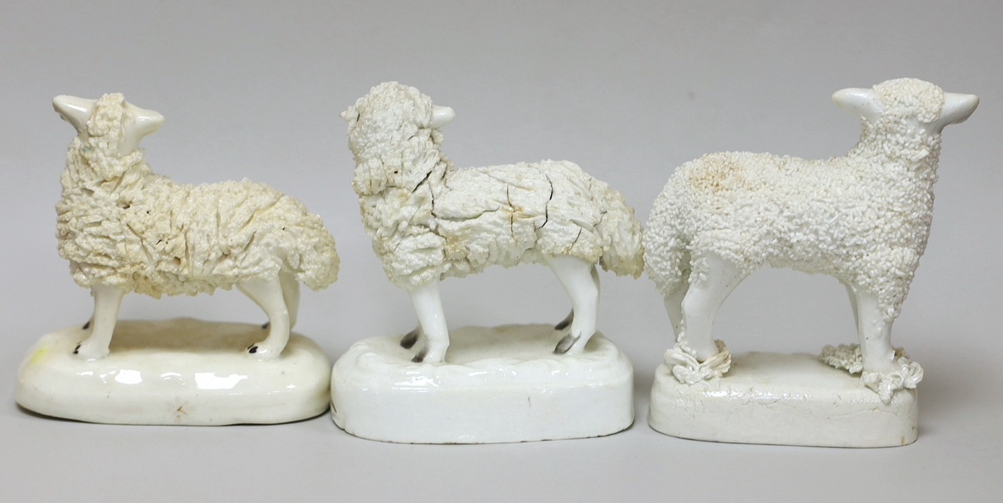 Three small Staffordshire models of standing sheep, c.1830-50, longest 7cm , Provenance: Dennis G.Rice collection